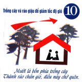 Poster with ten key principles of storm resistant construction - Plant trees around the house as wind breaks and to reduce pressure of water; but not too close